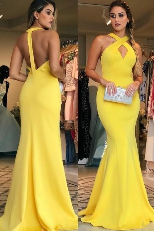 Modern Mermaid Haler Neck Sleeveless Low Back Floor-Length Prom Dress