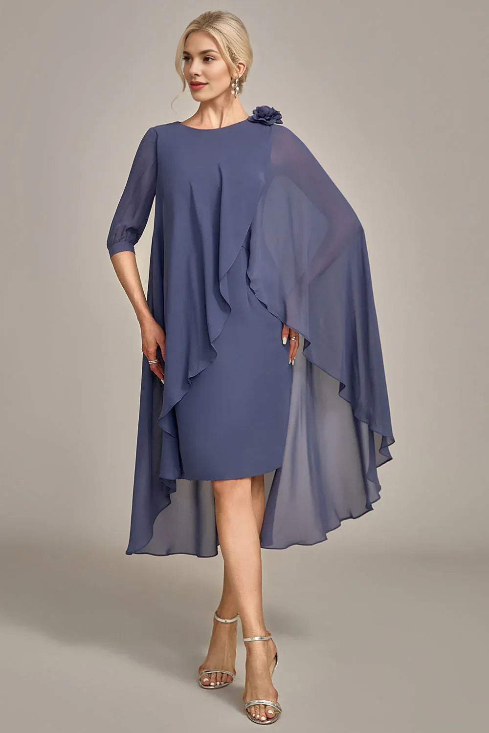 Modern Sheath Scoop Neck Short Sleeve Cape Back Knee-Length Mother of the Bride Dress