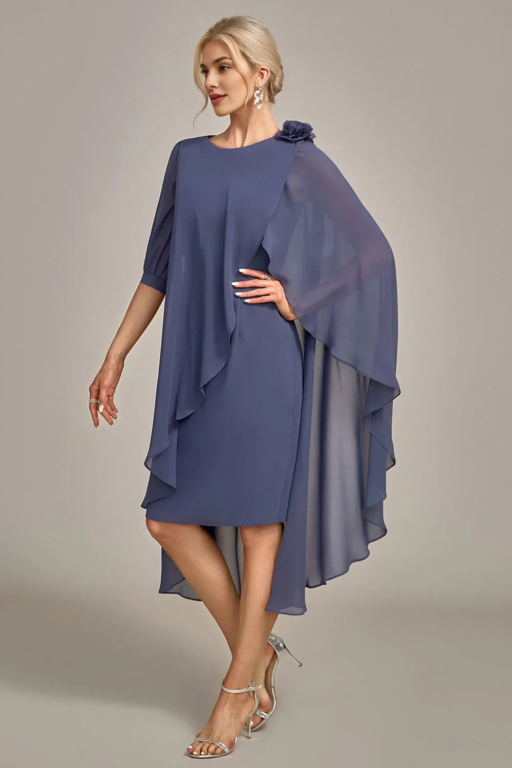 Modern Sheath Scoop Neck Short Sleeve Cape Back Knee-Length Mother of the Bride Dress