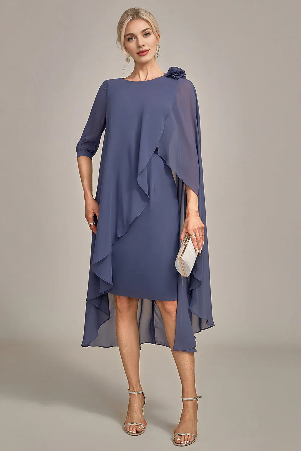 Modern Sheath Scoop Neck Short Sleeve Cape Back Knee-Length Mother of the Bride Dress