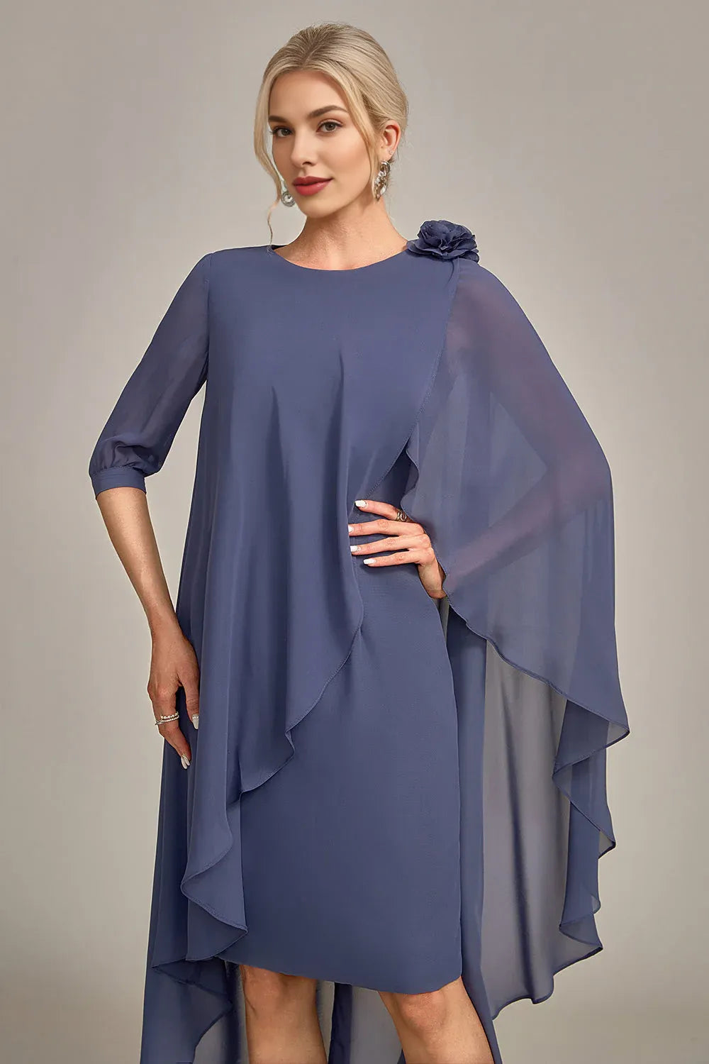 Modern Sheath Scoop Neck Short Sleeve Cape Back Knee-Length Mother of the Bride Dress