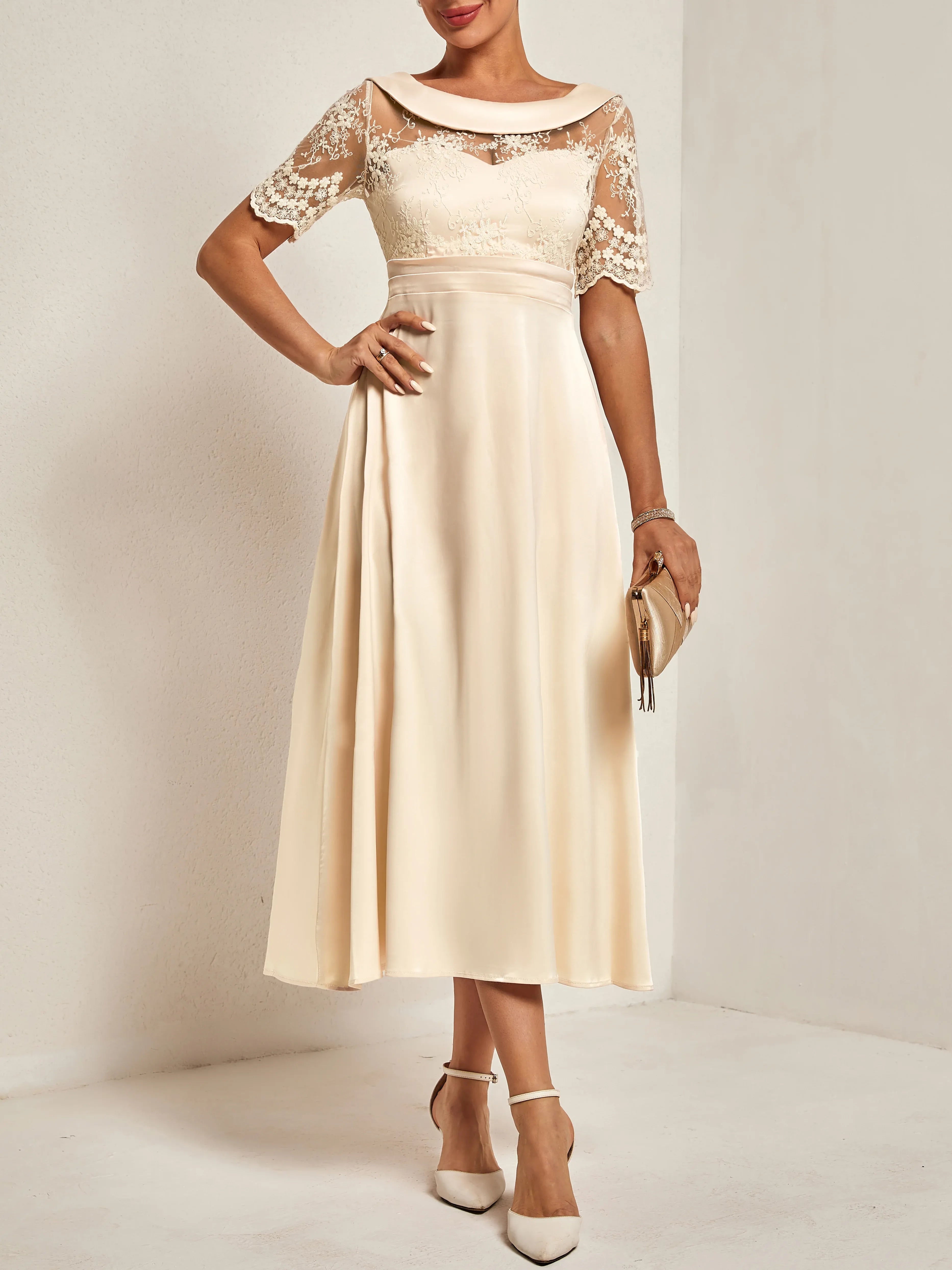 Modern A-Line Crew Neck Half Sleeve V Back Tea Length Evening Dresses
