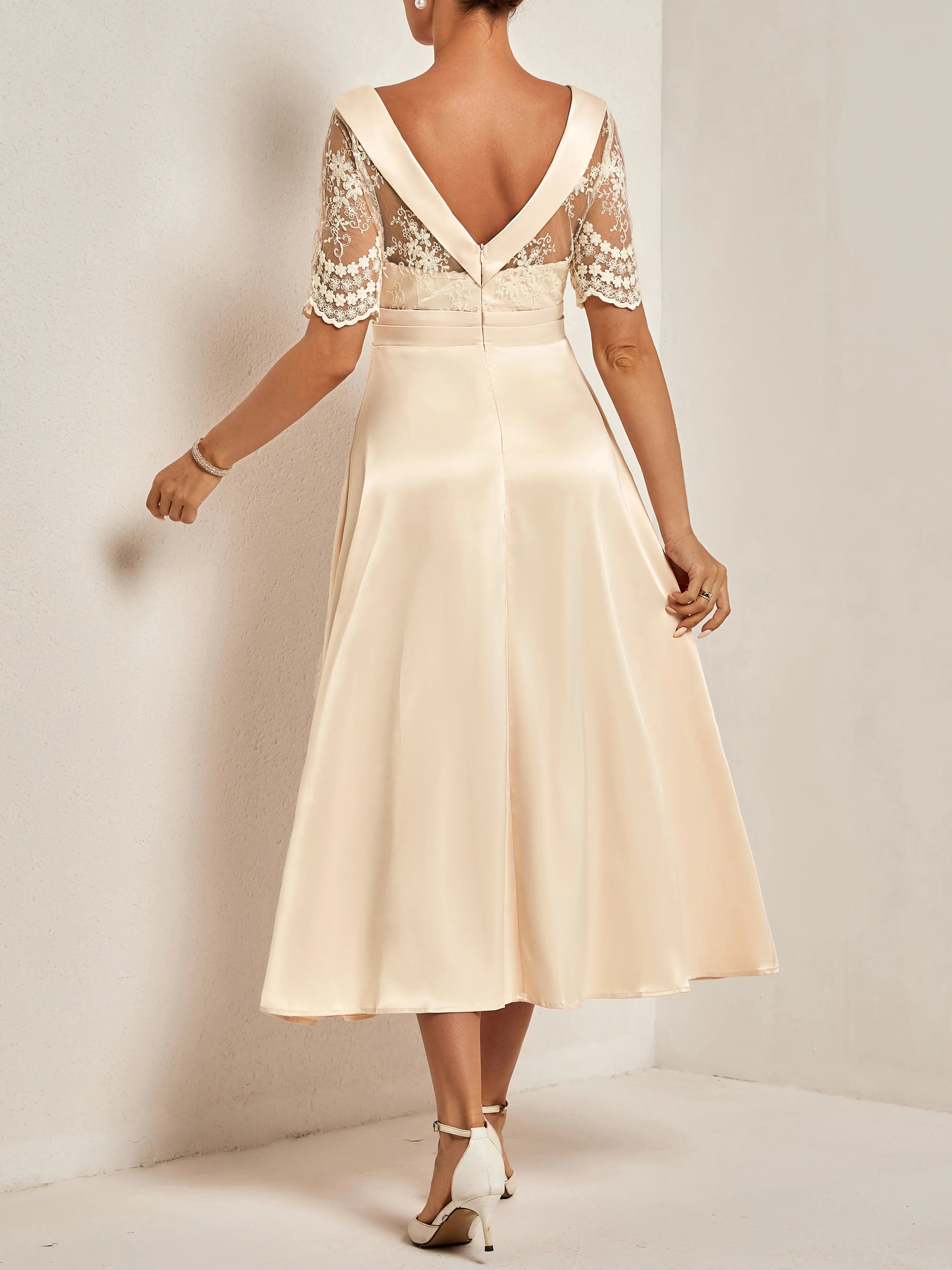 Modern A-Line Crew Neck Half Sleeve V Back Tea Length Evening Dresses