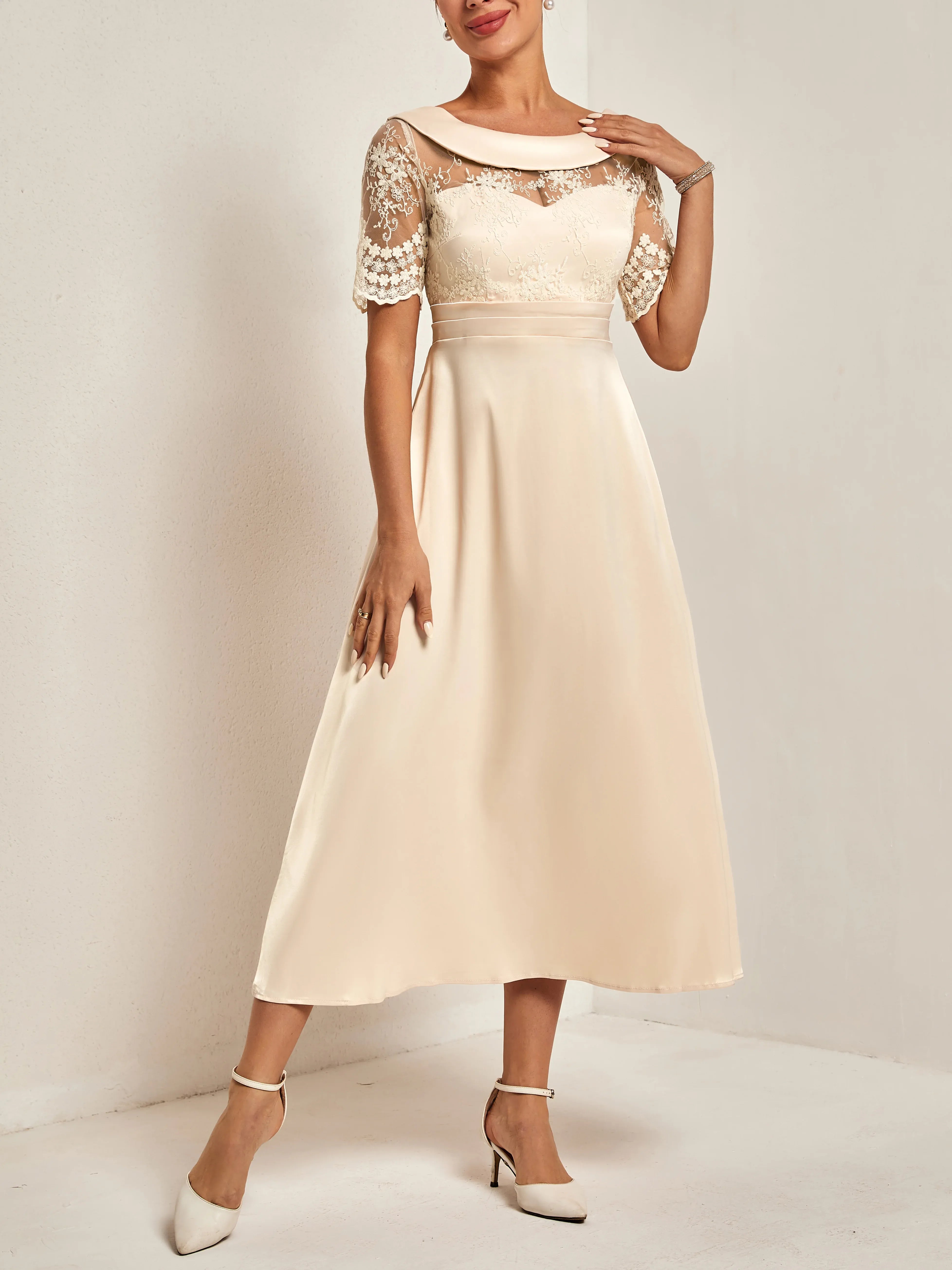 Modern A-Line Crew Neck Half Sleeve V Back Tea Length Evening Dresses