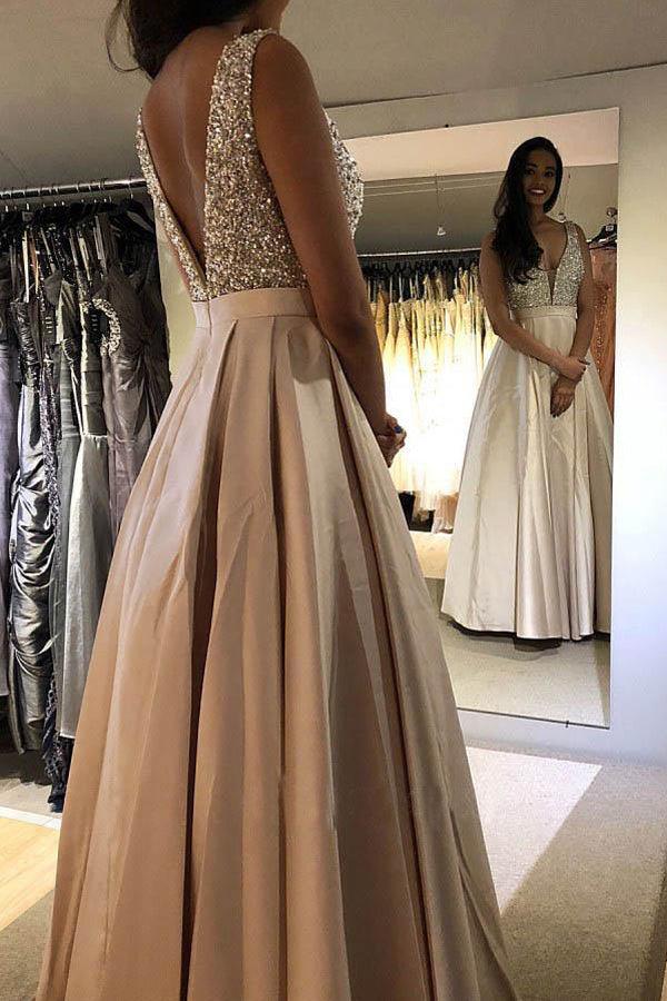 A-line V-neck Sleeveless Floor-Length Blue evening gown Prom Dress with Beading