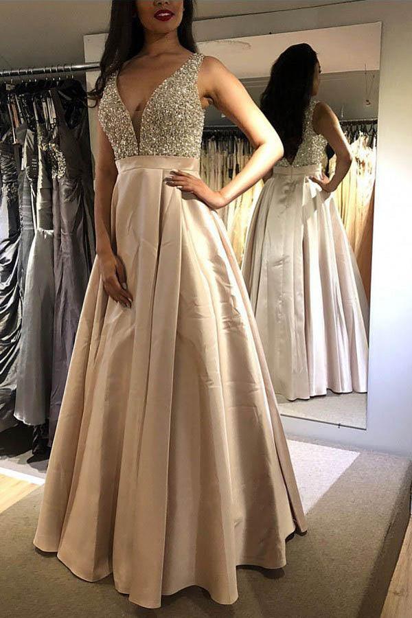 A-line V-neck Sleeveless Floor-Length Blue evening gown Prom Dress with Beading