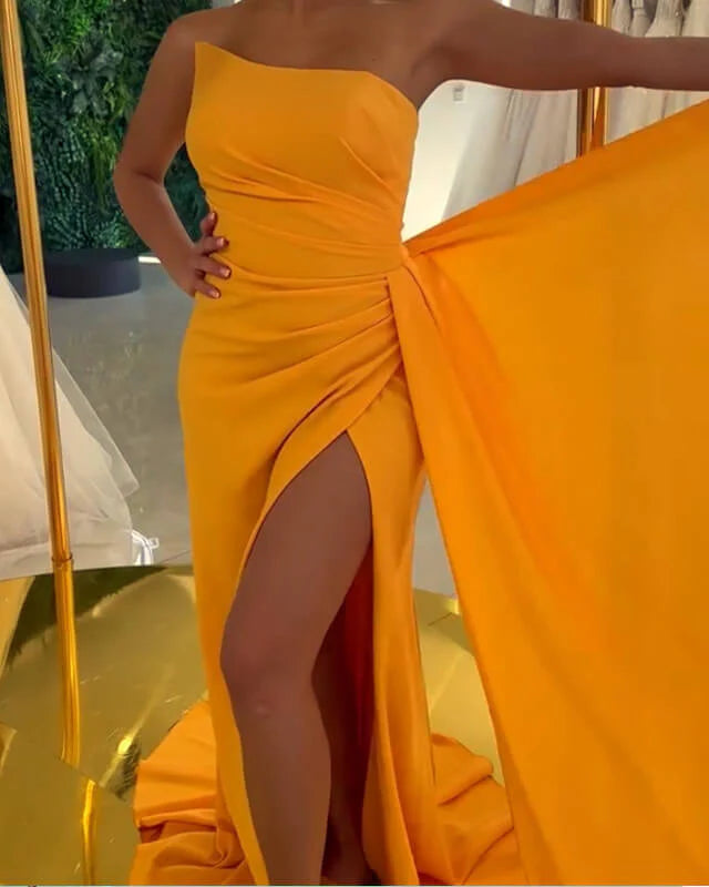 Mermaid Sheath Strapless Gown Split Prom Dresses