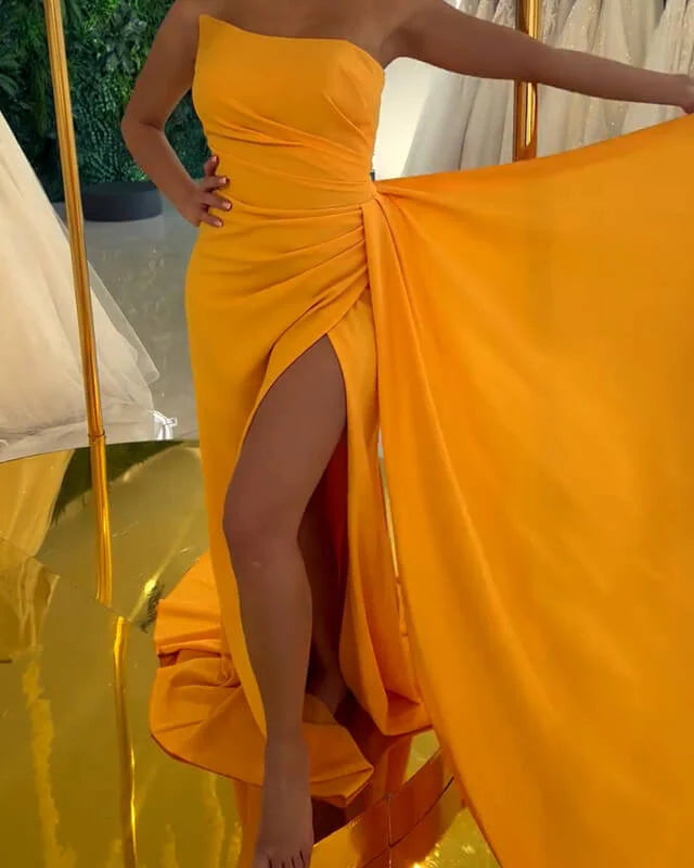 Mermaid Sheath Strapless Gown Split Prom Dresses