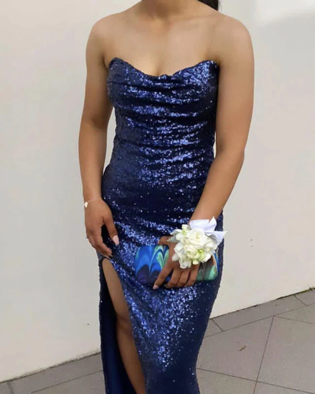 Mermaid Sequin Bridesmaid Dresses Strapless Split Prom Dresses