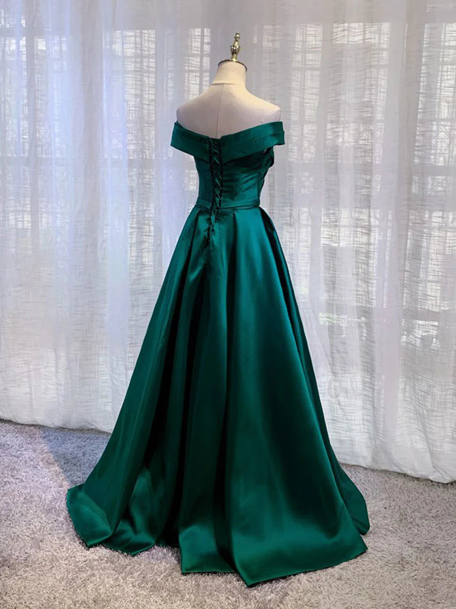 Simple satin off shoulder long prom dress