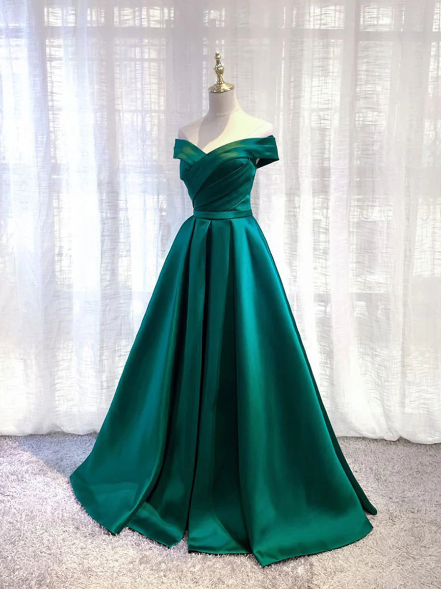 Simple satin off shoulder long prom dress
