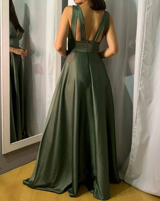 A-line V Neck Long Satin Empire Bridesmaid Dresses Prom Dresses