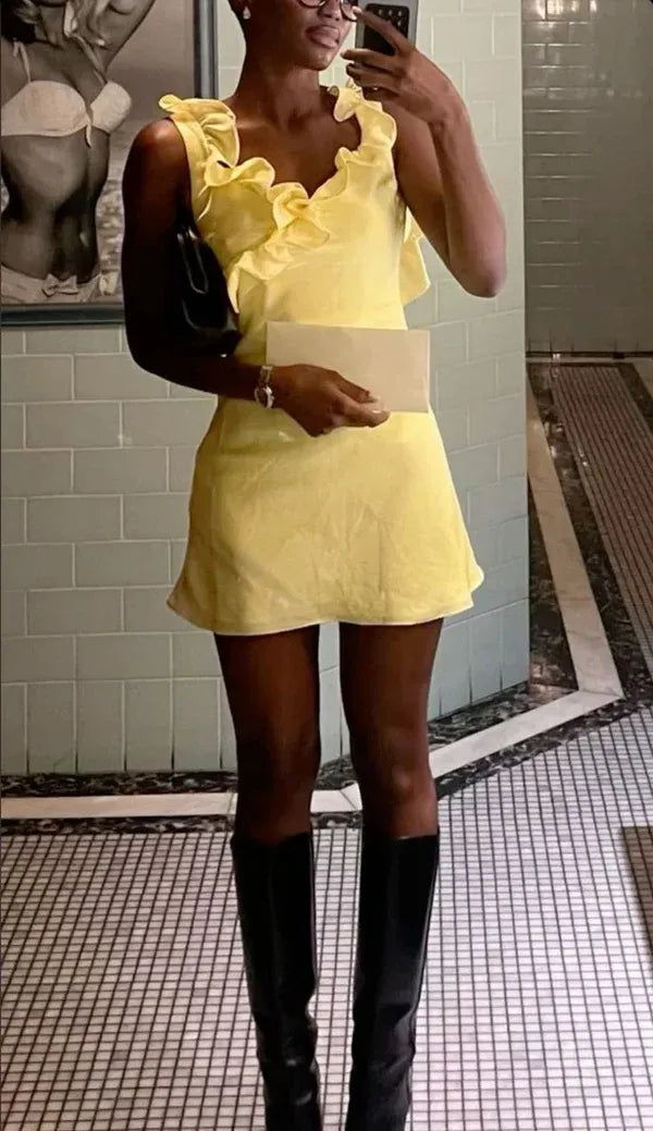 Playful A-line Ruffle Trim Open Back Mini Homecoming Dress