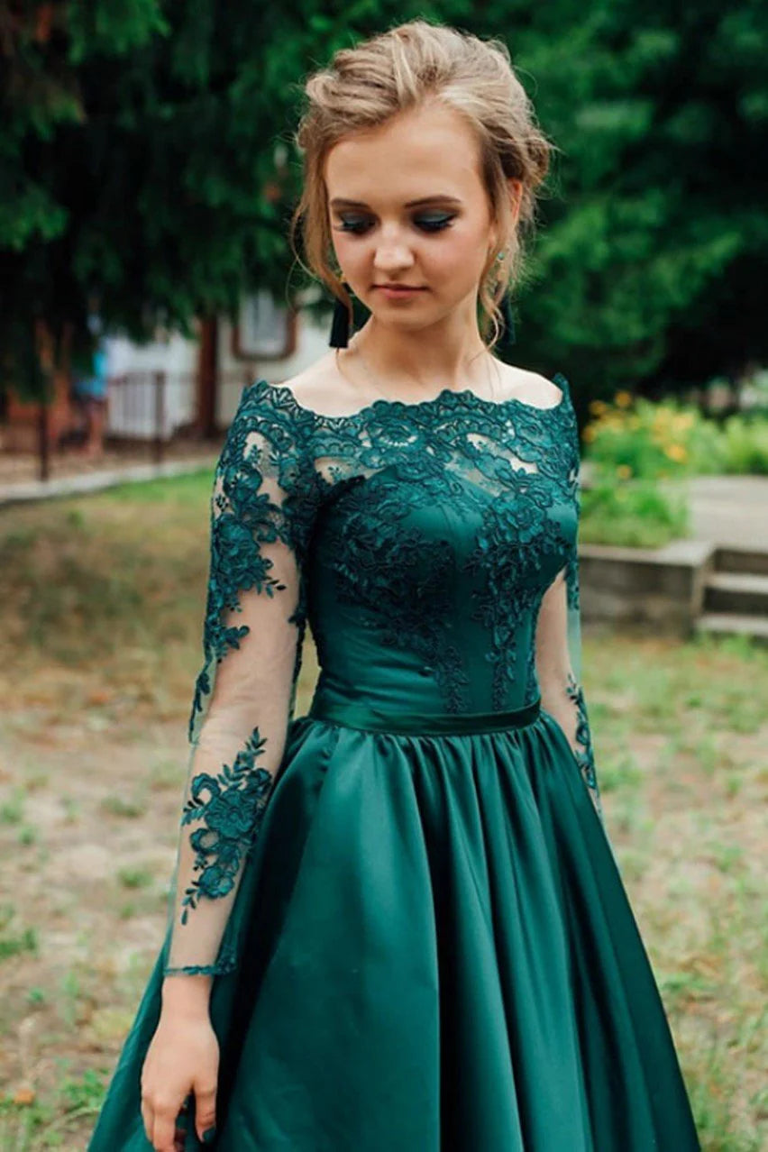 Pretty A-Line Off the Shoulder Long Sleeves Lace Up Floor-Length Prom Dress