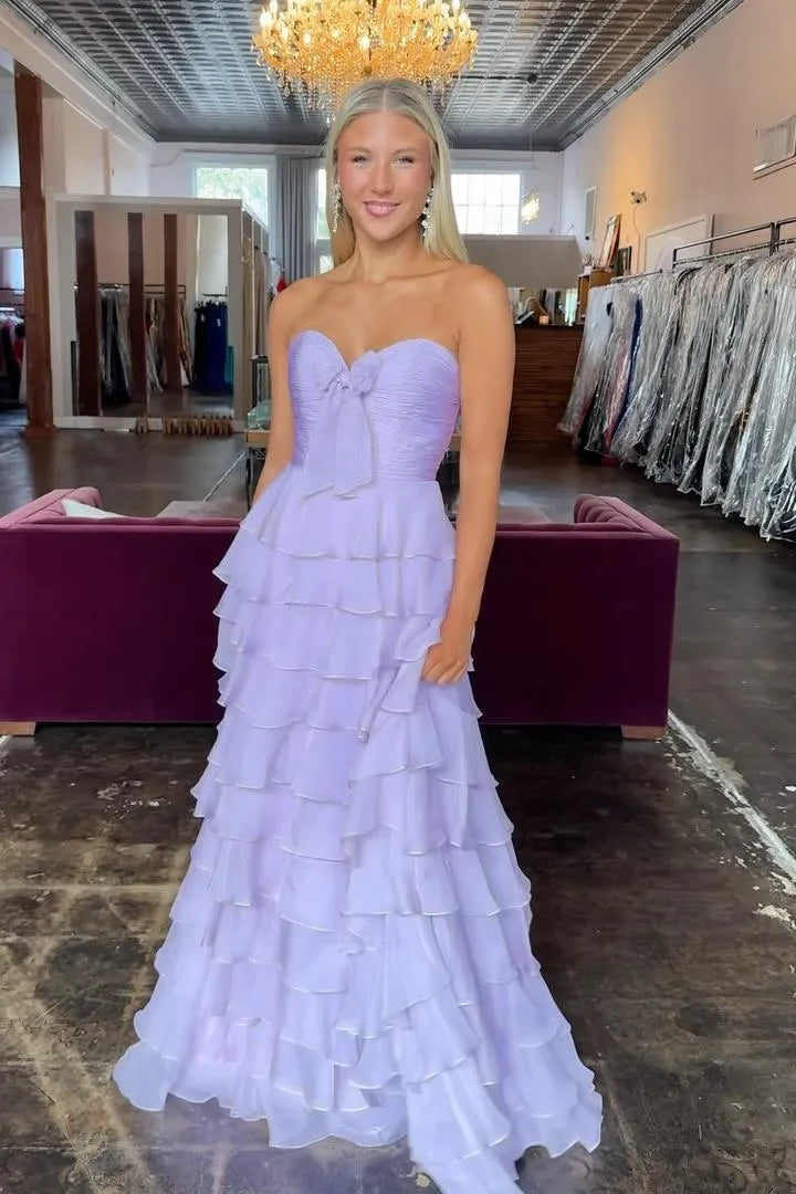 Pretty A-line V-neck Sleeveless Tiered Chiffon Floor-Length Prom Dress