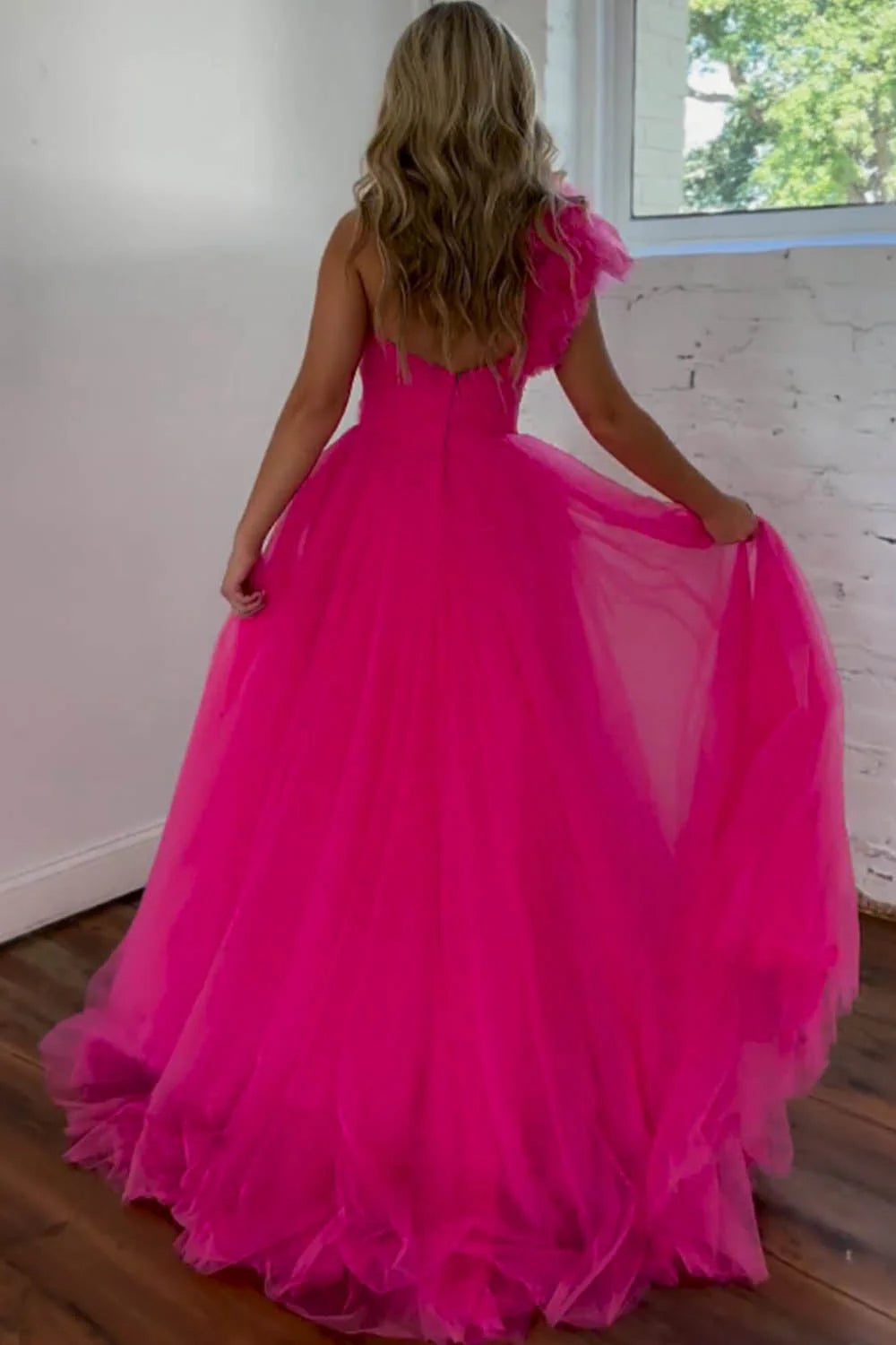 A-Line One Shoulder Hot Pink Long Tulle Prom Dress With Split