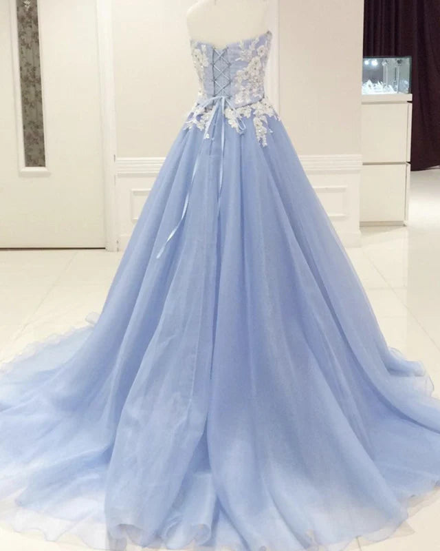 A-line Lace Sweetheart Corset Tulle Ball Gown Prom Dresses