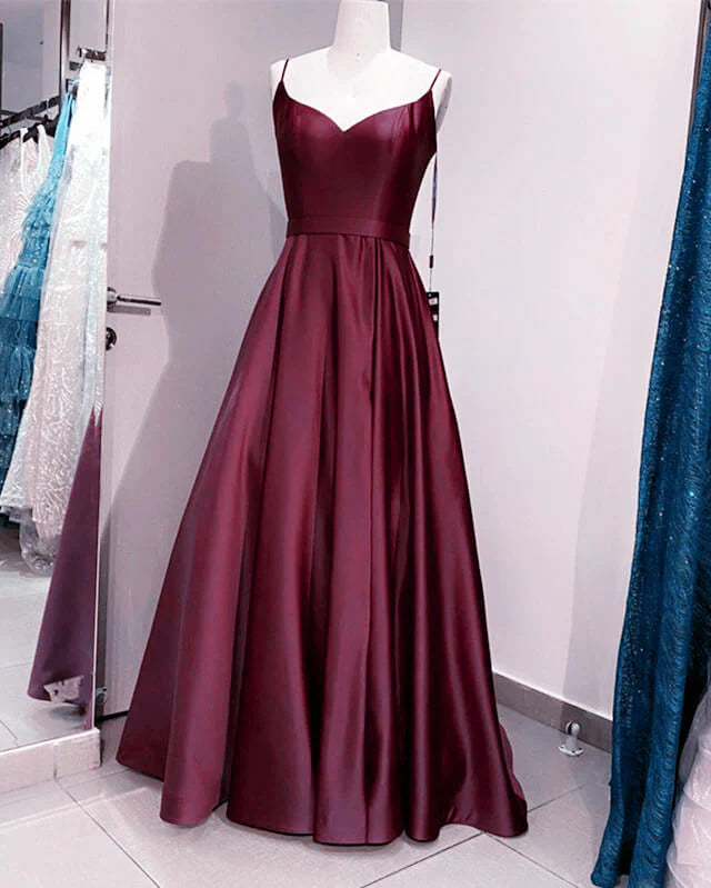 A-line V Neck Spaghetti Strap Long Prom Dress