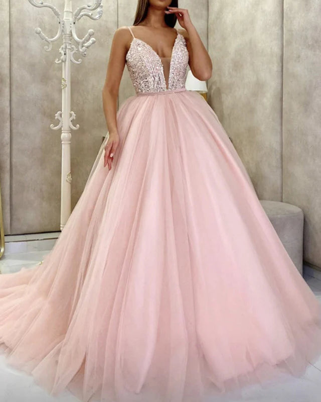A-line Plunge Neck Tulle Ball Gown Prom Dresses With Sequins
