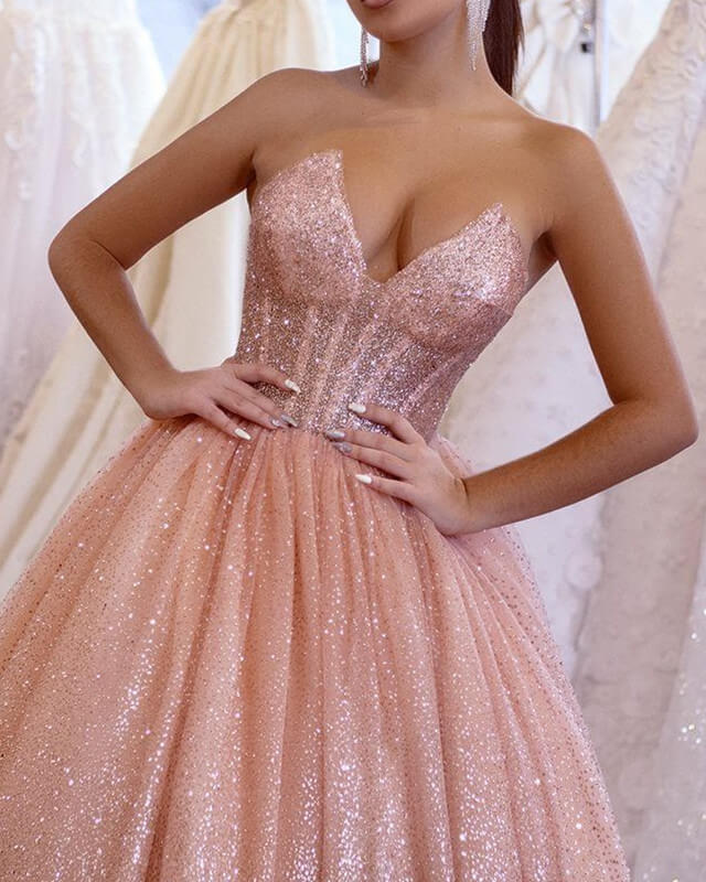 A-line V-Neck Corset Ball Gown Sparkly Dress Prom Dresses