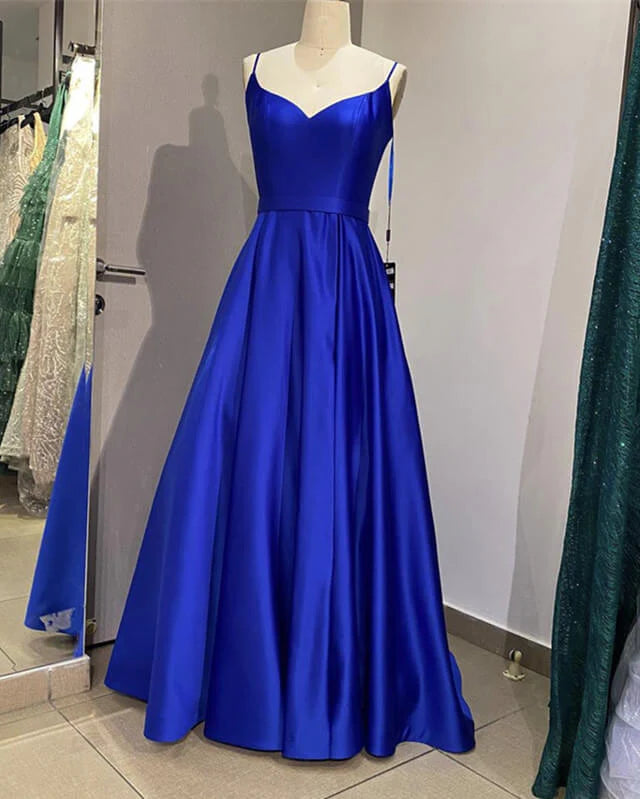 A-line V Neck Spaghetti Strap Long Prom Dress