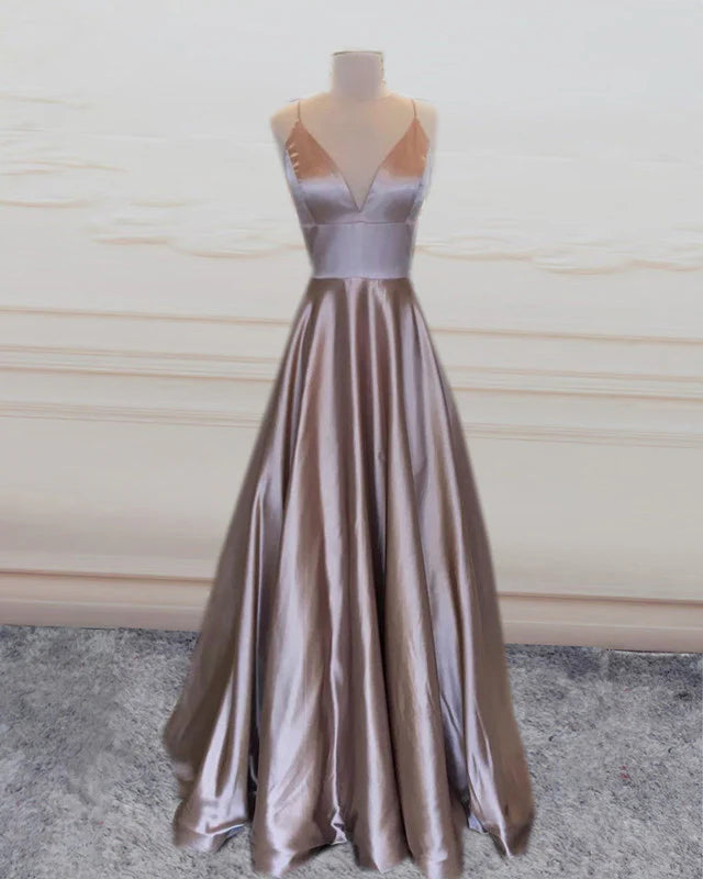 A-line V Neck Satin Gowns Long Prom Dresses