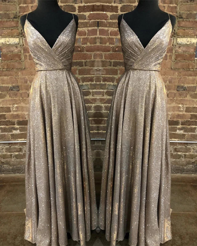 A-line Pleated V Neck Split Glitter Prom Dresses