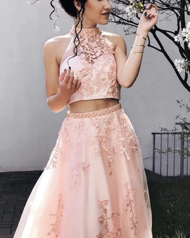 Two Piece Embroidery High Neck Lace Prom Dresses