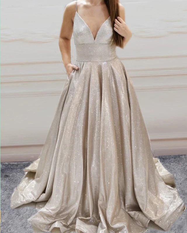 A-line Glitter Ball Gown Prom Dresses With Pockets