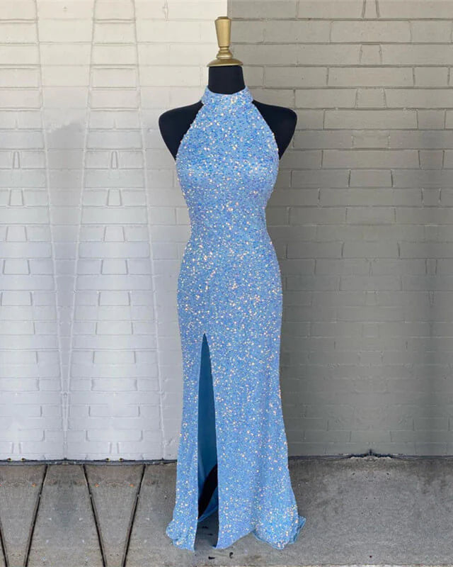 Mermaid Sheath Sequin Halter Prom Dresses With Slit