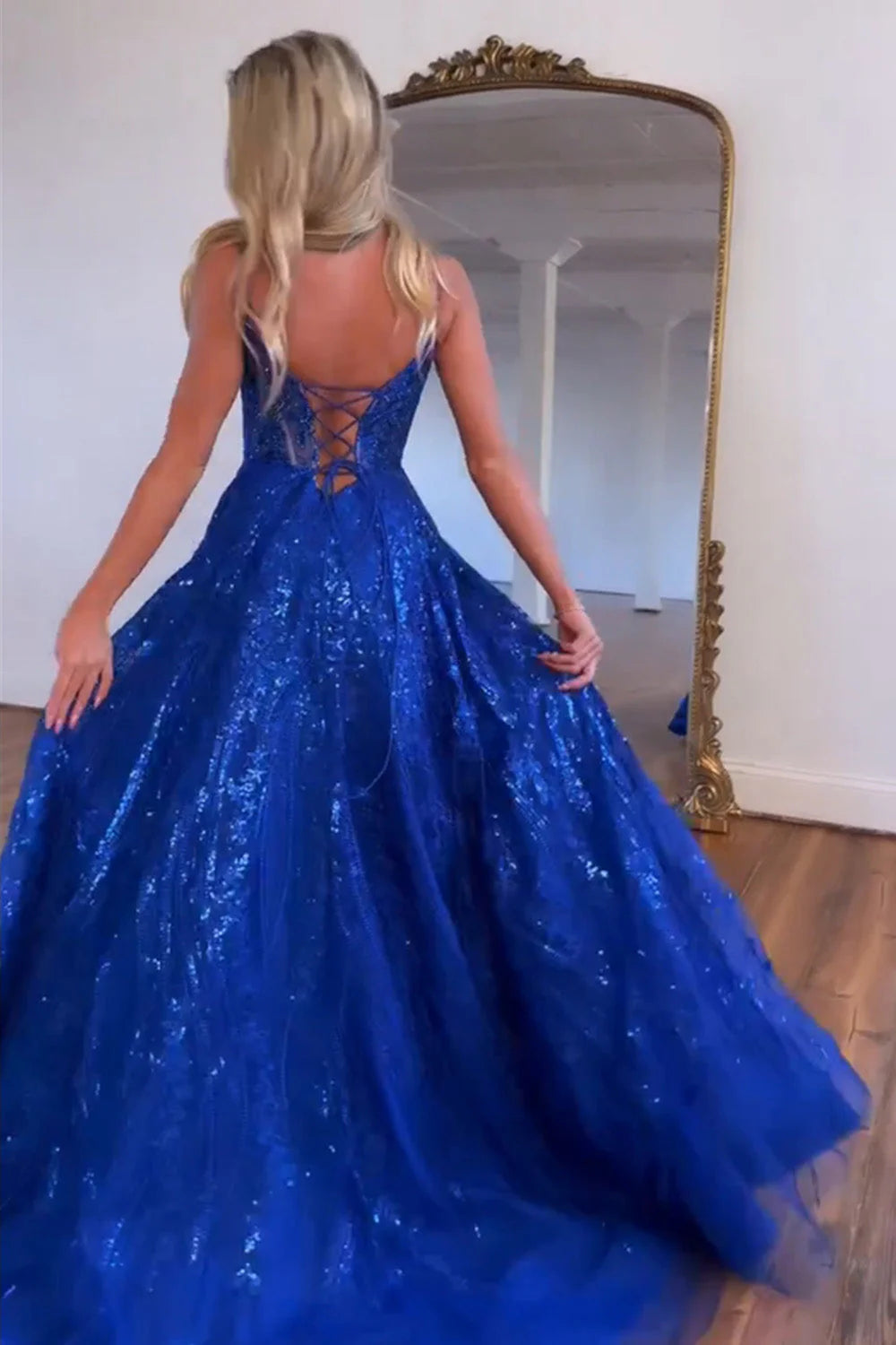 A-Line Spaghetti Glitter Royal Blue Straps Lace Up Long Prom Dress