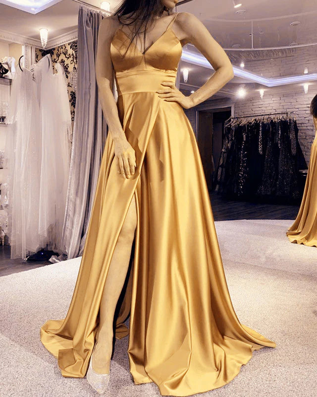 Simple V Neck High Split Satin Prom Dresses