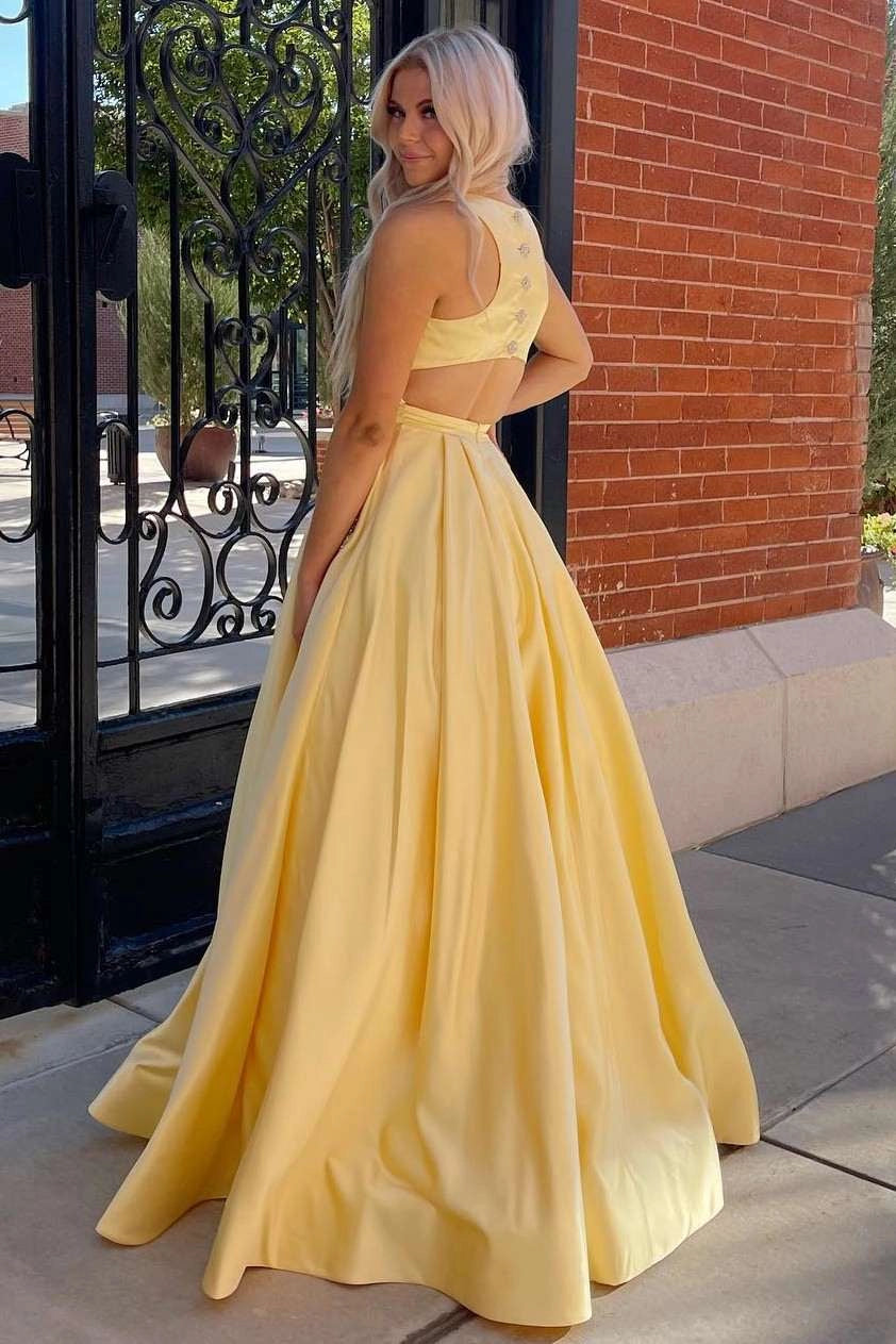 Radiant A-Line Scoop Neck Cutout Yellow Floor-Length Prom Dress