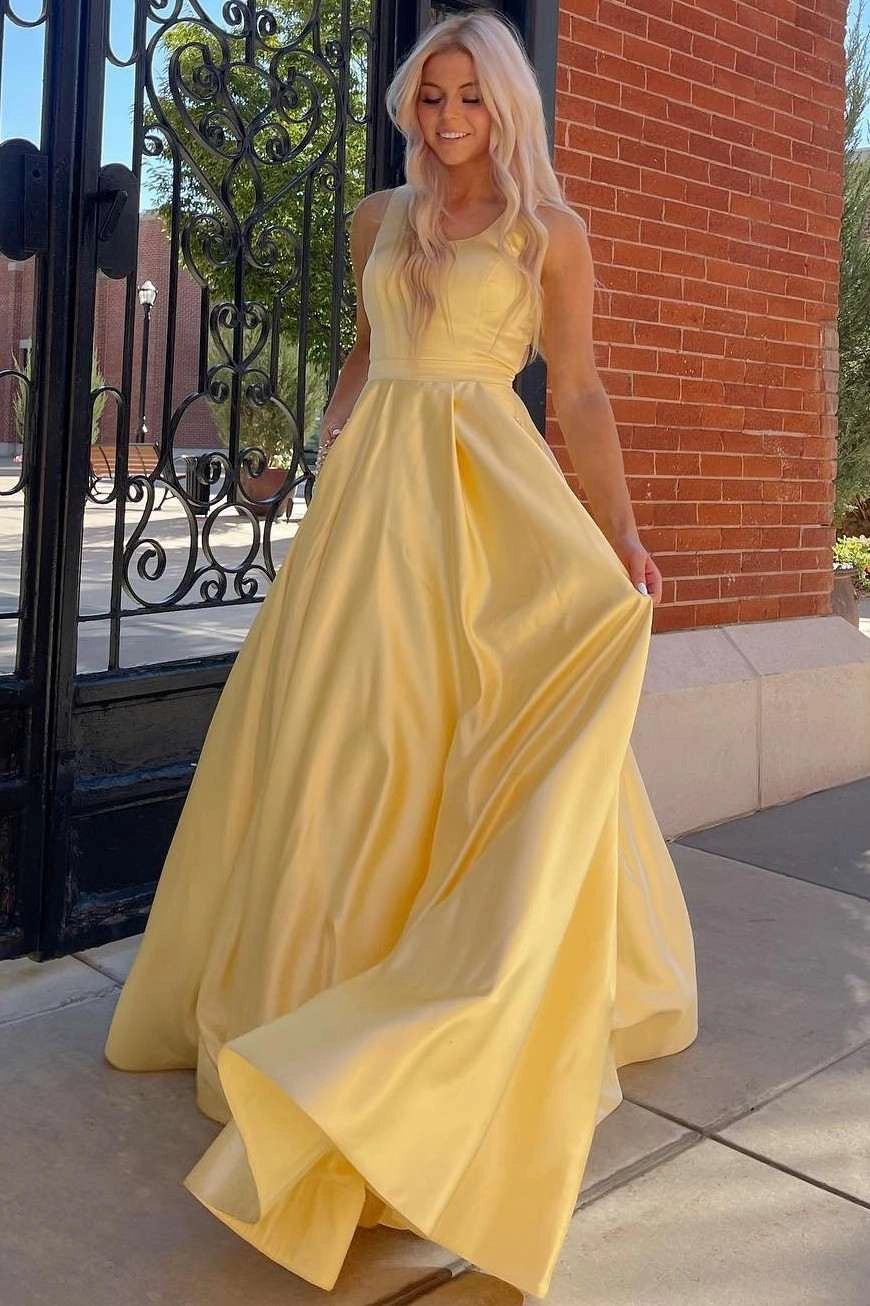 Radiant A-Line Scoop Neck Cutout Yellow Floor-Length Prom Dress
