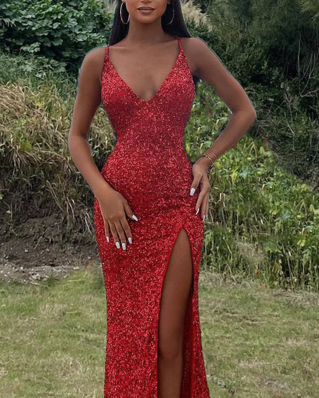 Mermaid Sequin V Neck Split Prom Dresses
