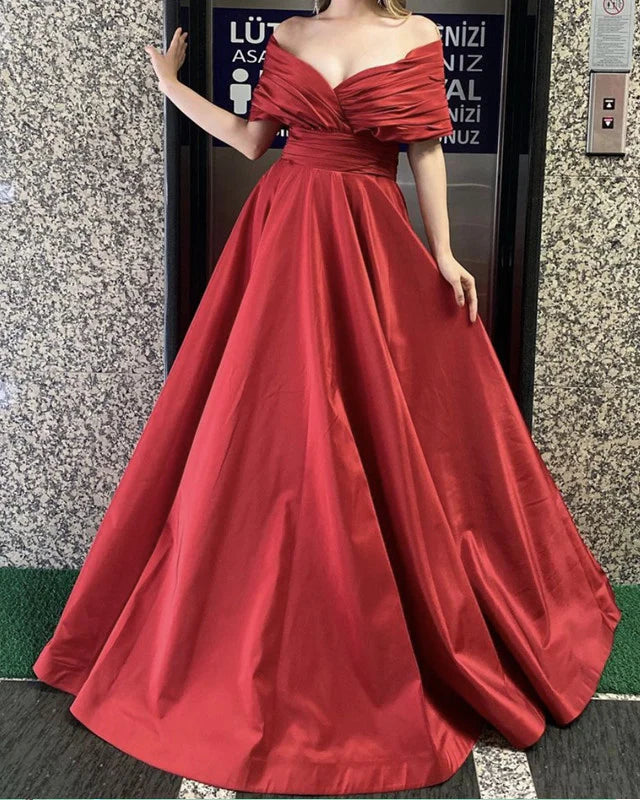 A-line Off The Shoulder Long Satin Prom Dresses