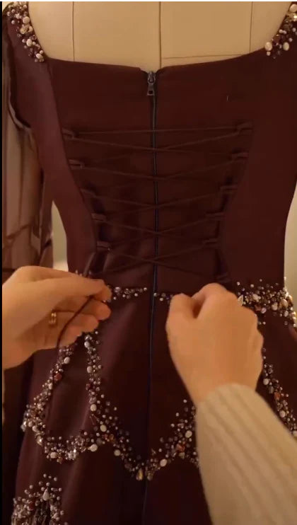 Regal A-Line Square-Neck Long-Sleeve Crystal-Chocolate Brown Long Prom Dresses