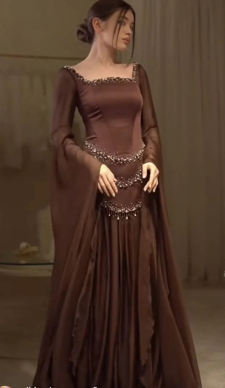 Regal A-Line Square-Neck Long-Sleeve Crystal-Chocolate Brown Long Prom Dresses