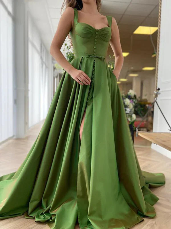 Regal Sweetheart-Neck Button-Trimmed Olive Green Satin Party Dresses