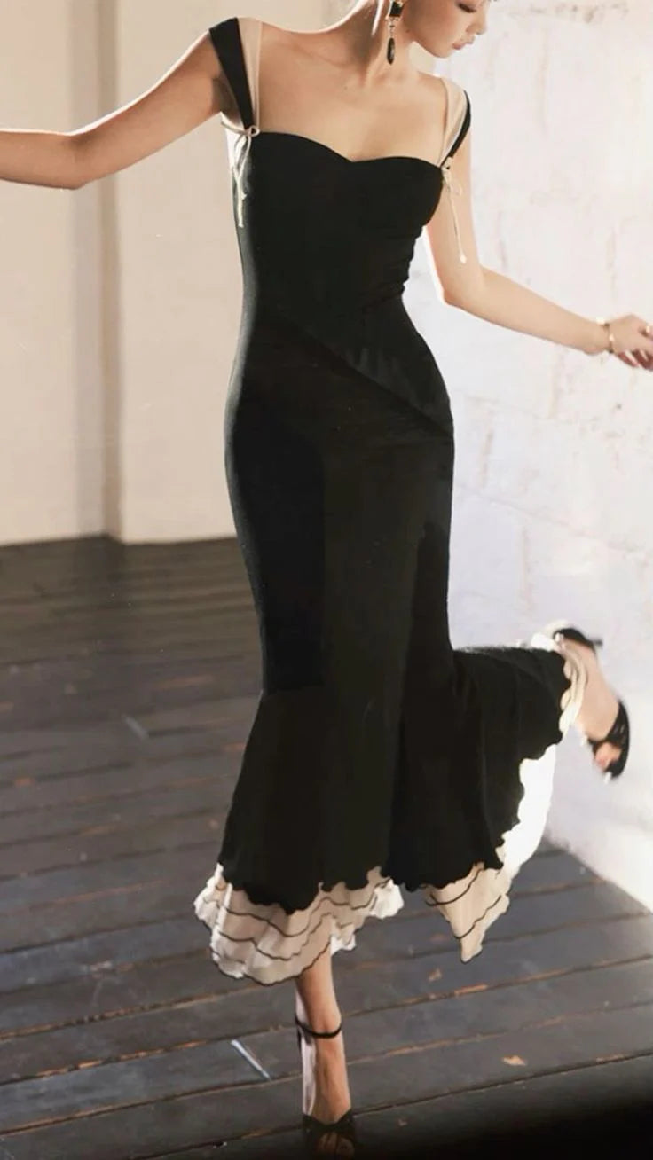 Retro Mermaid Sweetheart-Neck Ruffled Black Ivory Knit Long Party Dresses