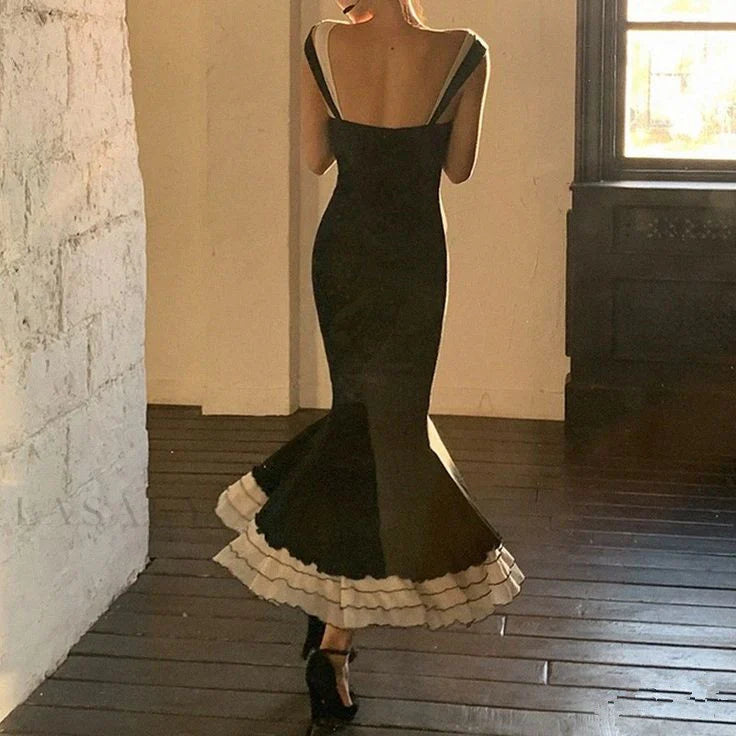 Retro Mermaid Sweetheart-Neck Ruffled Black Ivory Knit Long Party Dresses