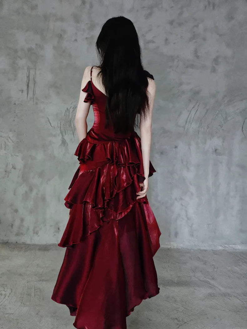 Romantic A-Line Asymmetric-Neck Ruffled Burgundy Metallic Long Party Dresses
