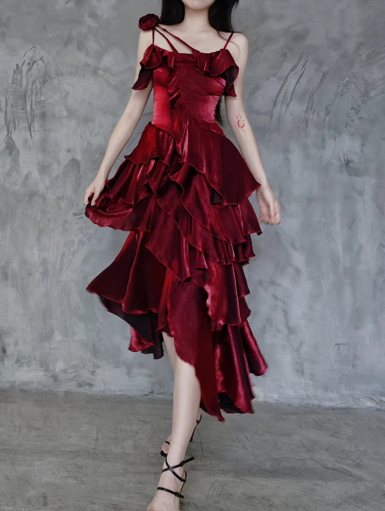 Romantic A-Line Asymmetric-Neck Ruffled Burgundy Metallic Long Party Dresses