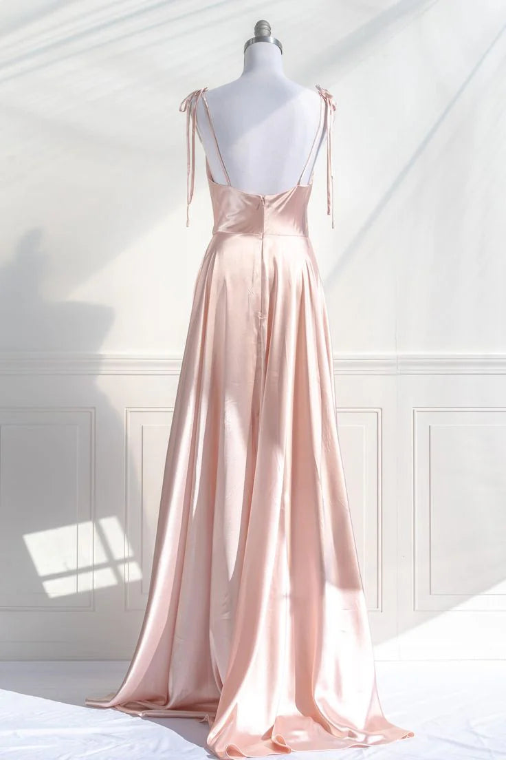 Romantic A-Line Cowl-Neck Tie-Strap Blush Pink Satin Long Party Dresses
