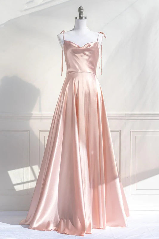 Romantic A-Line Cowl-Neck Tie-Strap Blush Pink Satin Long Party Dresses