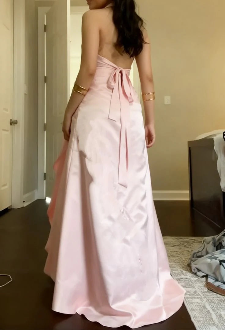 Romantic A-Line Halter-Neck Embroidered Pink Satin Long Prom Dresses