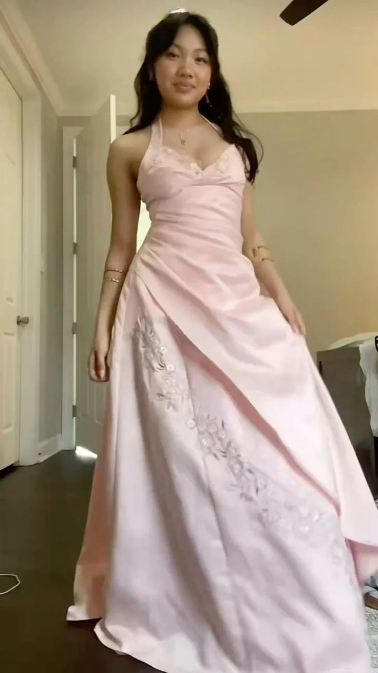 Romantic A-Line Halter-Neck Embroidered Pink Satin Long Prom Dresses