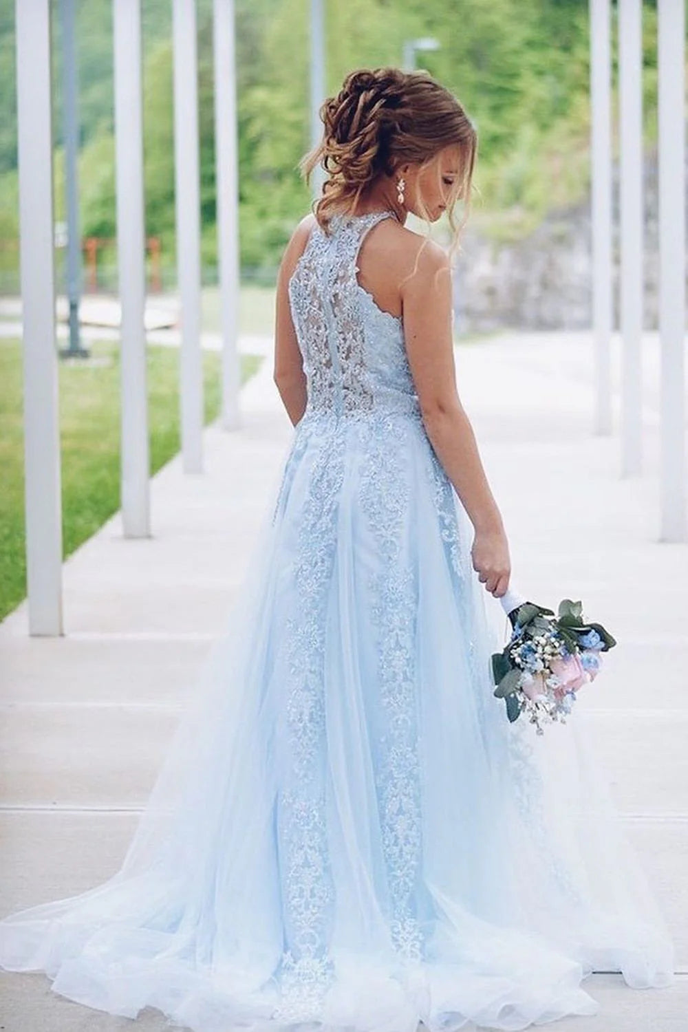 Romantic A-Line Halter Lace Sky Blue Floor-Length Party Dress