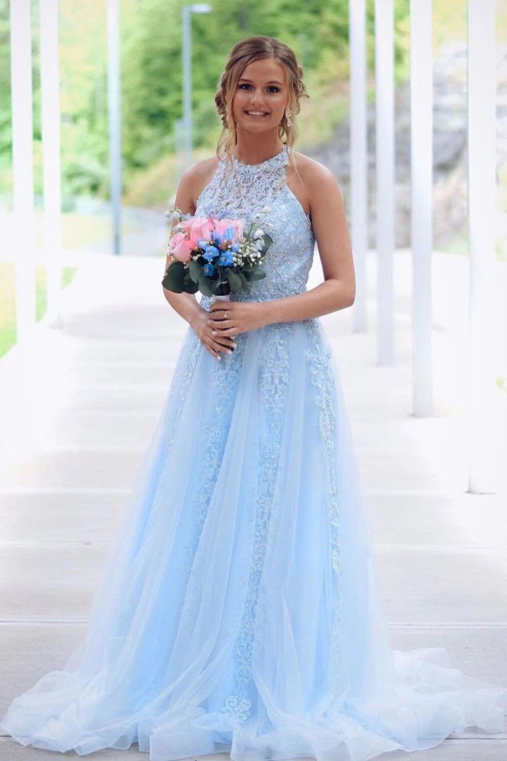 Romantic A-Line Halter Lace Sky Blue Floor-Length Party Dress