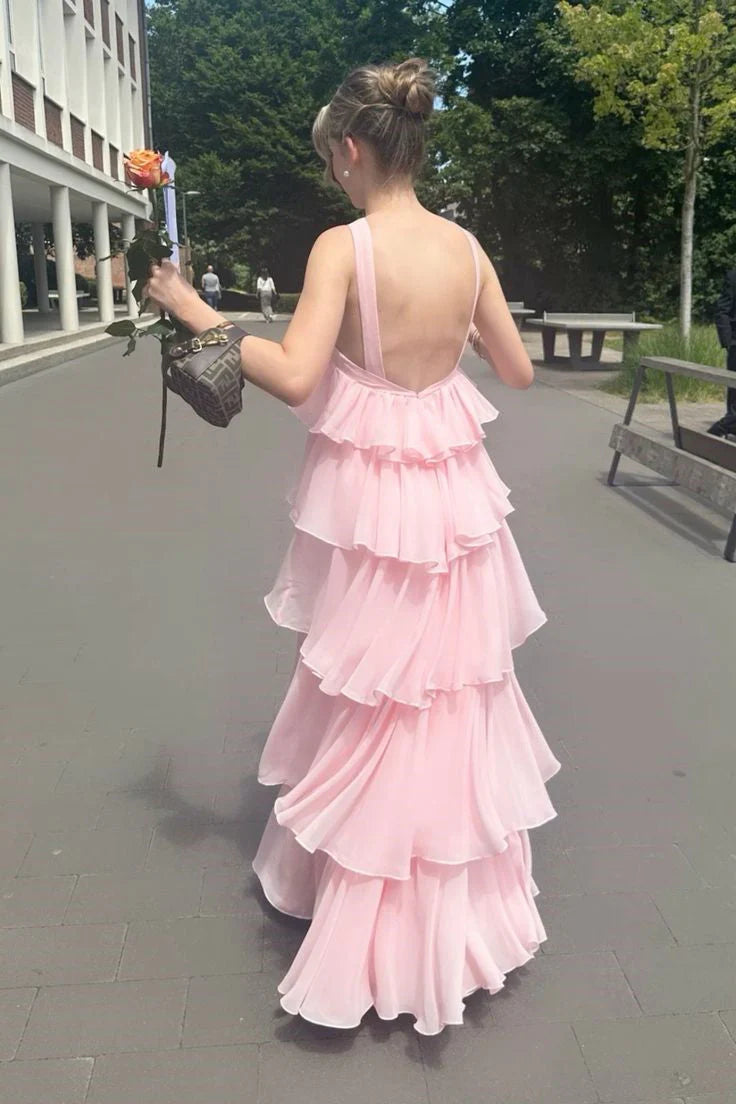 Romantic A-Line Halter Sleeveless Tiered Pink Floor-Length Prom Dress